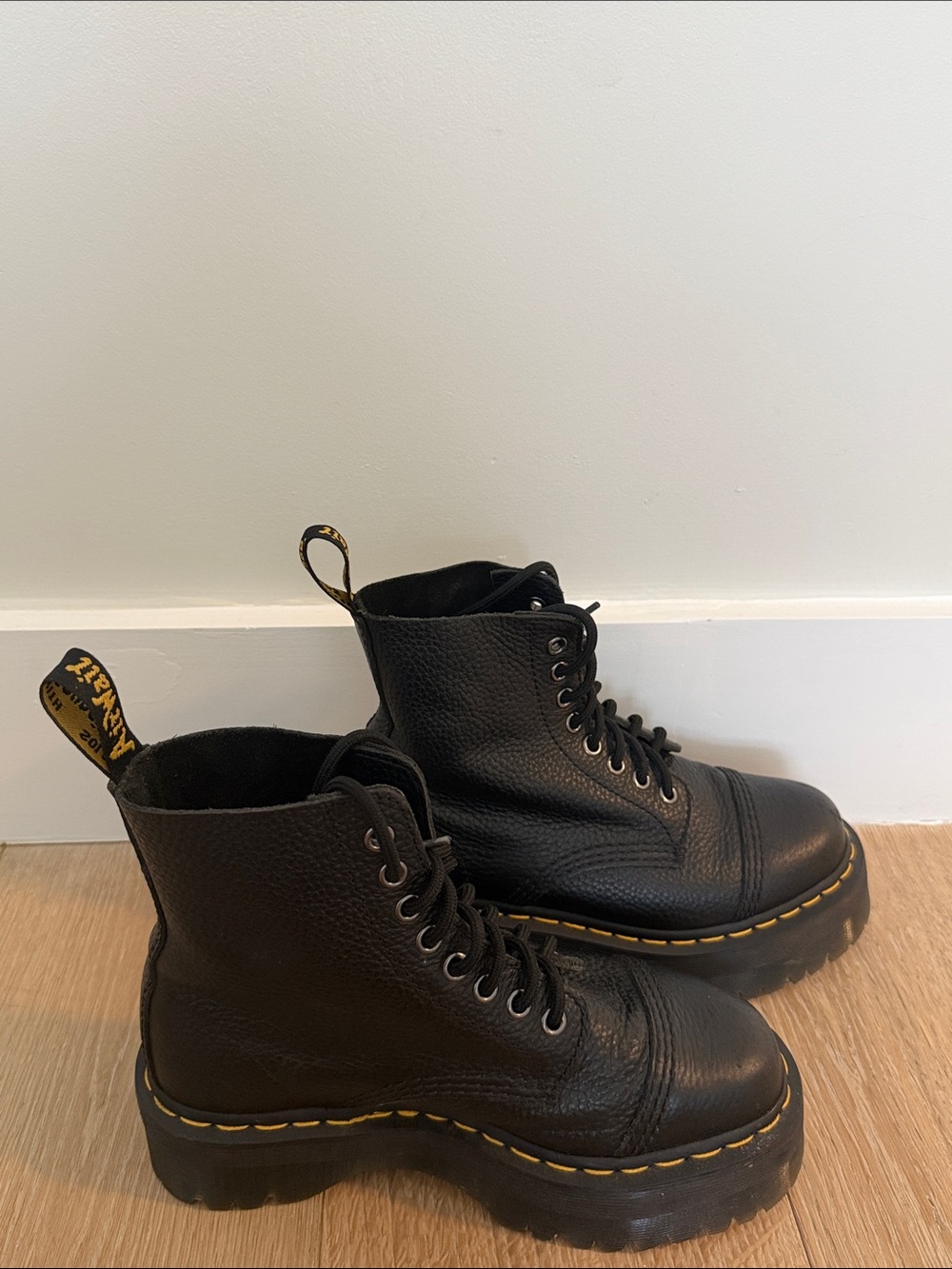 Dr. Martens Black Leather Chunky Lace-Up Platform Boots with Yellow Stitching